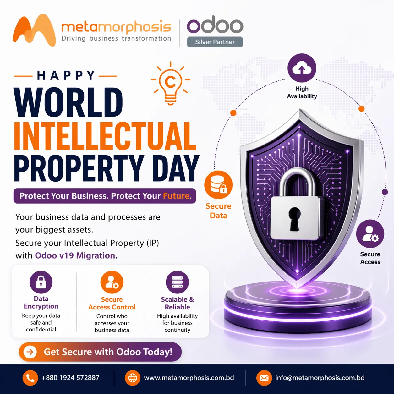 Odoo v19 ERP security shield protecting business data for World Intellectual Property Day in Bangladesh.